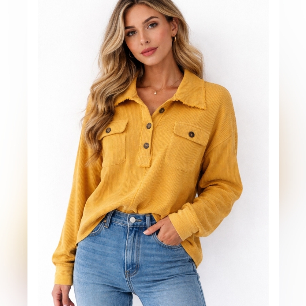 Bibi Mustard Pullover Top Knit Button Up Long Sleeve Collared Shirt Raw  Small